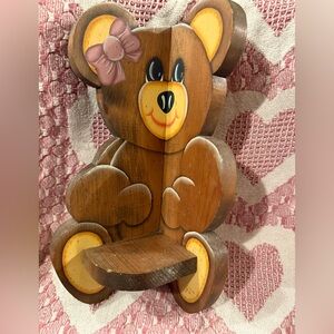 Vintage Wooden Bear Wall Shelf in Brown with Yellow Accents